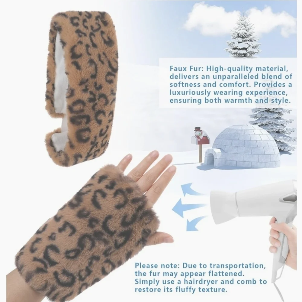 Leopard Fur Gloves Set- Fur Headband W Gloves, Earwarmer - Picture 5 of 5